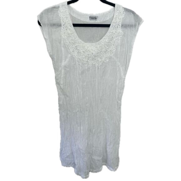 Siganka Maui Hawaii 100% Cotton Bohemian White Floral Embellished Sheer Dress M - Picture 1 of 6